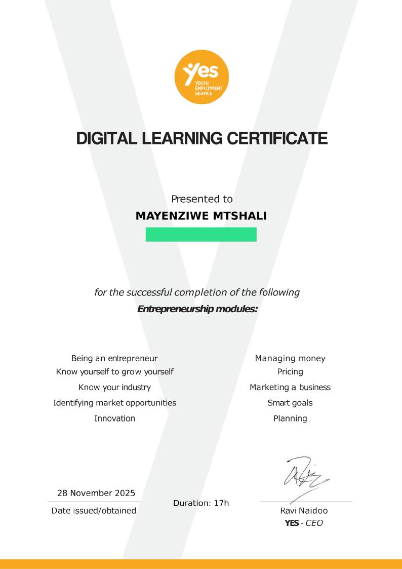 Entrepreneurship certificate awarded to Mayenziwe Mtshali