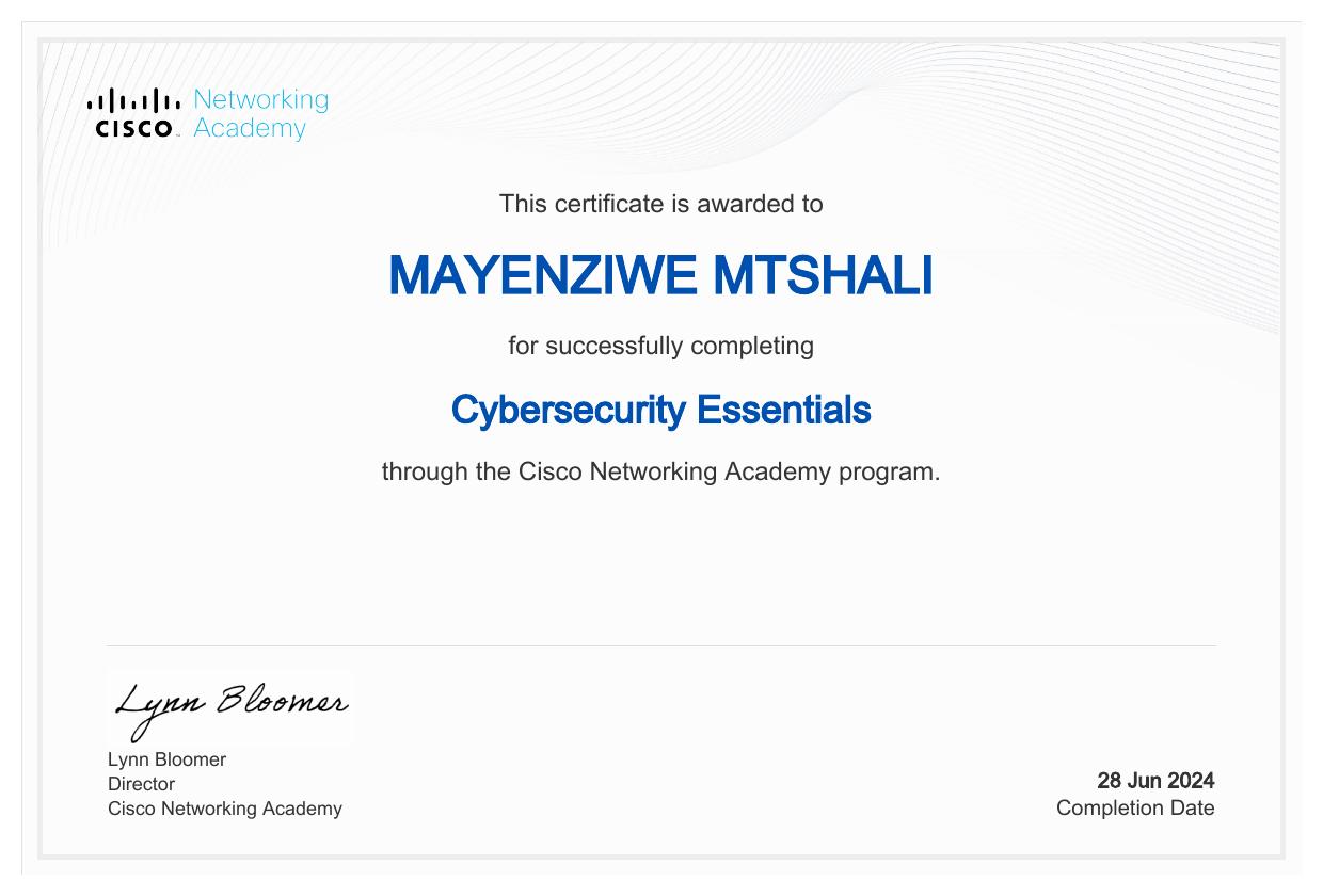 Cybersecurity Essentials certificate awarded to Mayenziwe Mtshali