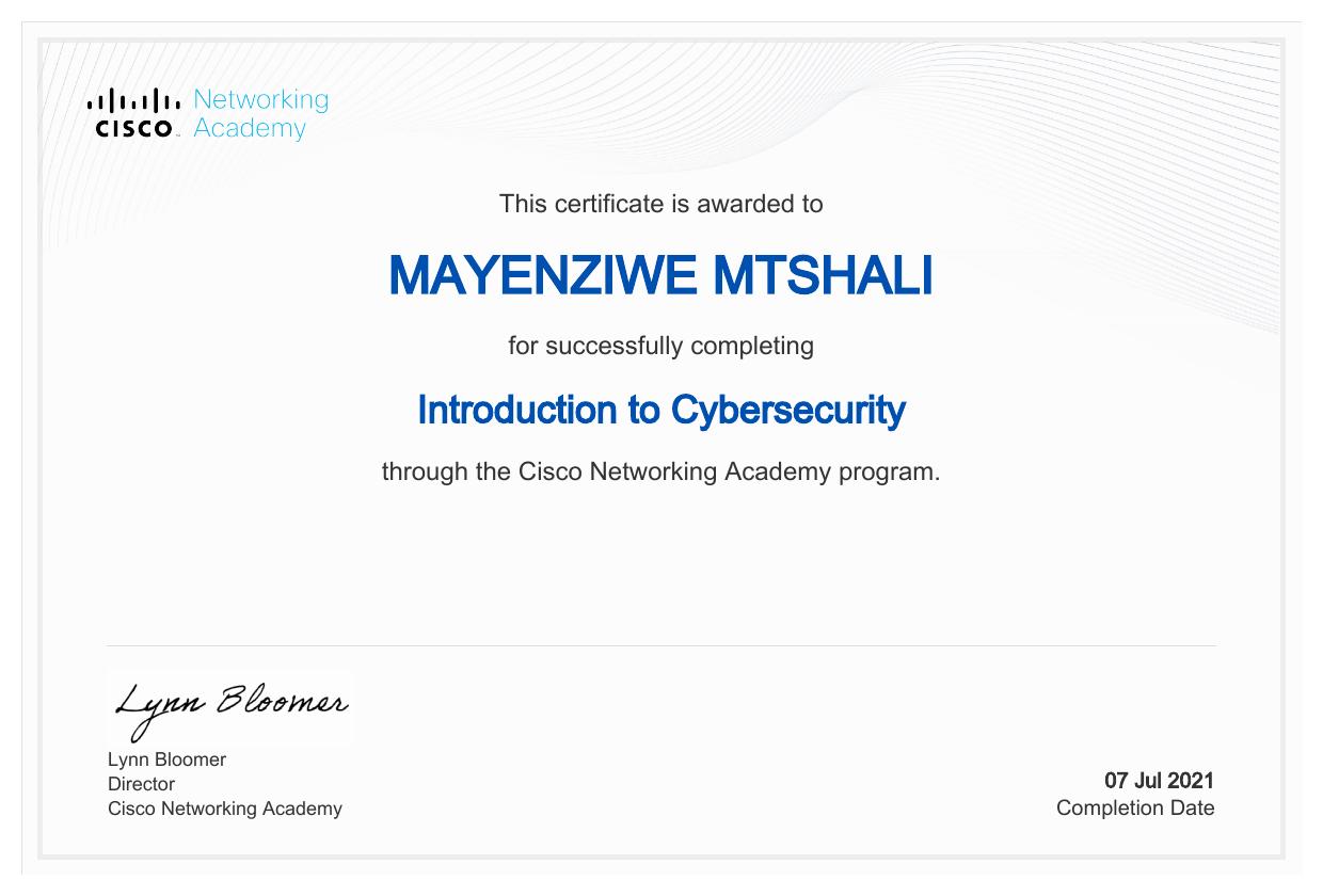 Introduction to Cybersecurity certificate awarded to Mayenziwe Mtshali