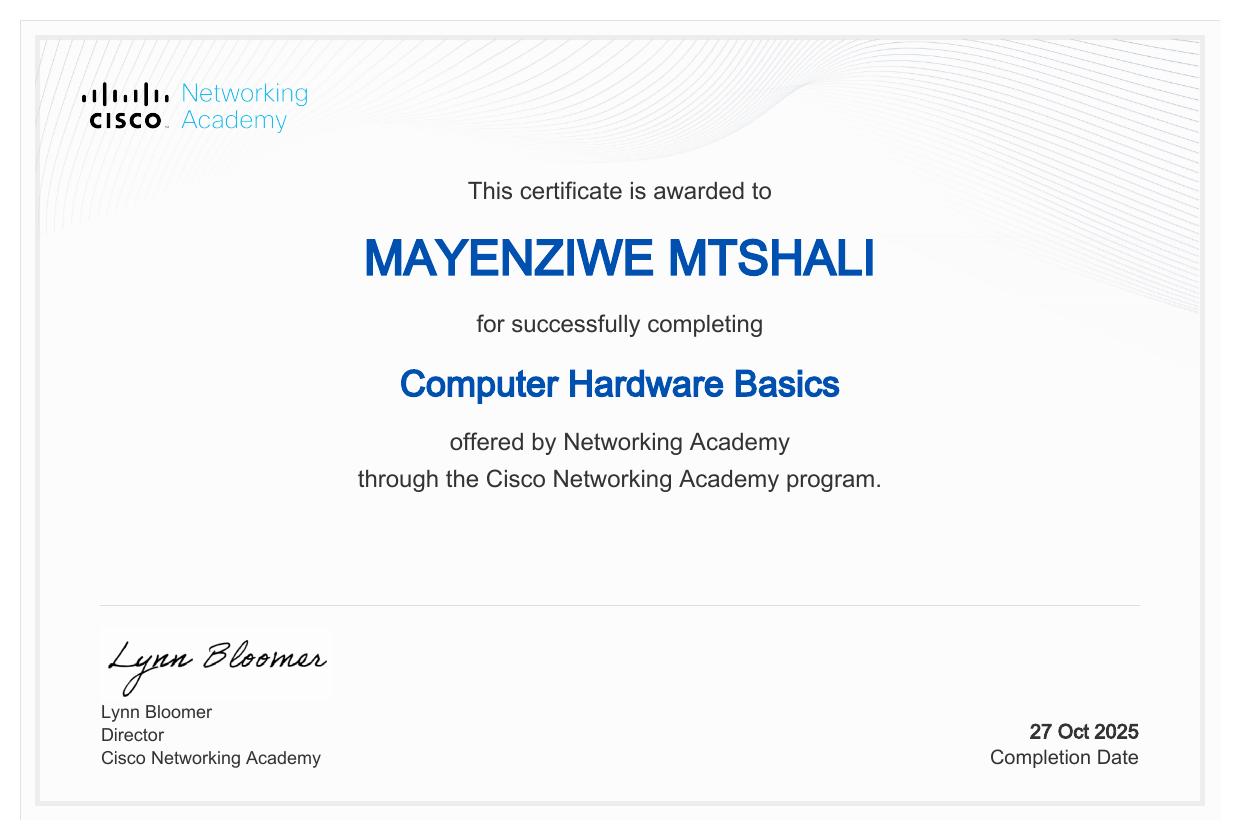 Computer Hardware Basics certificate awarded to Mayenziwe Mtshali