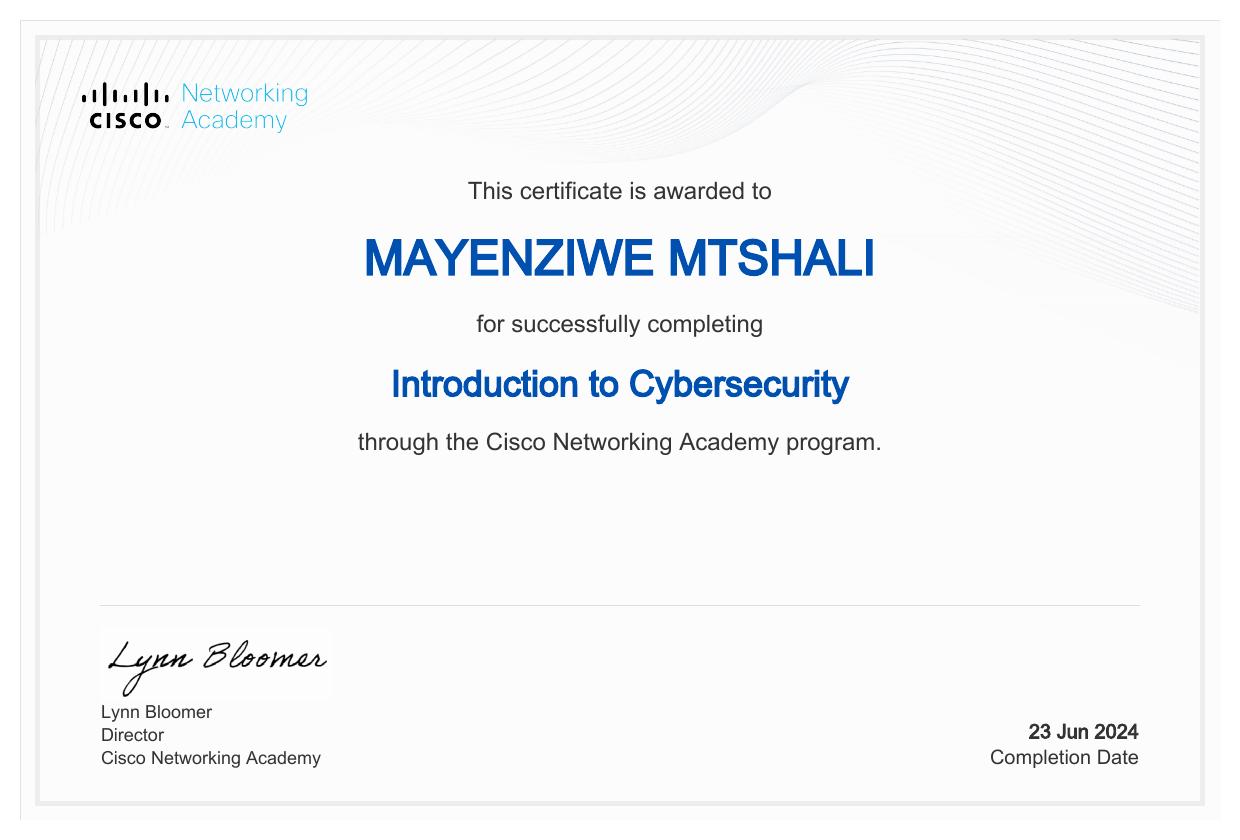 Introduction to Cybersecurity certificate awarded to Mayenziwe Mtshali