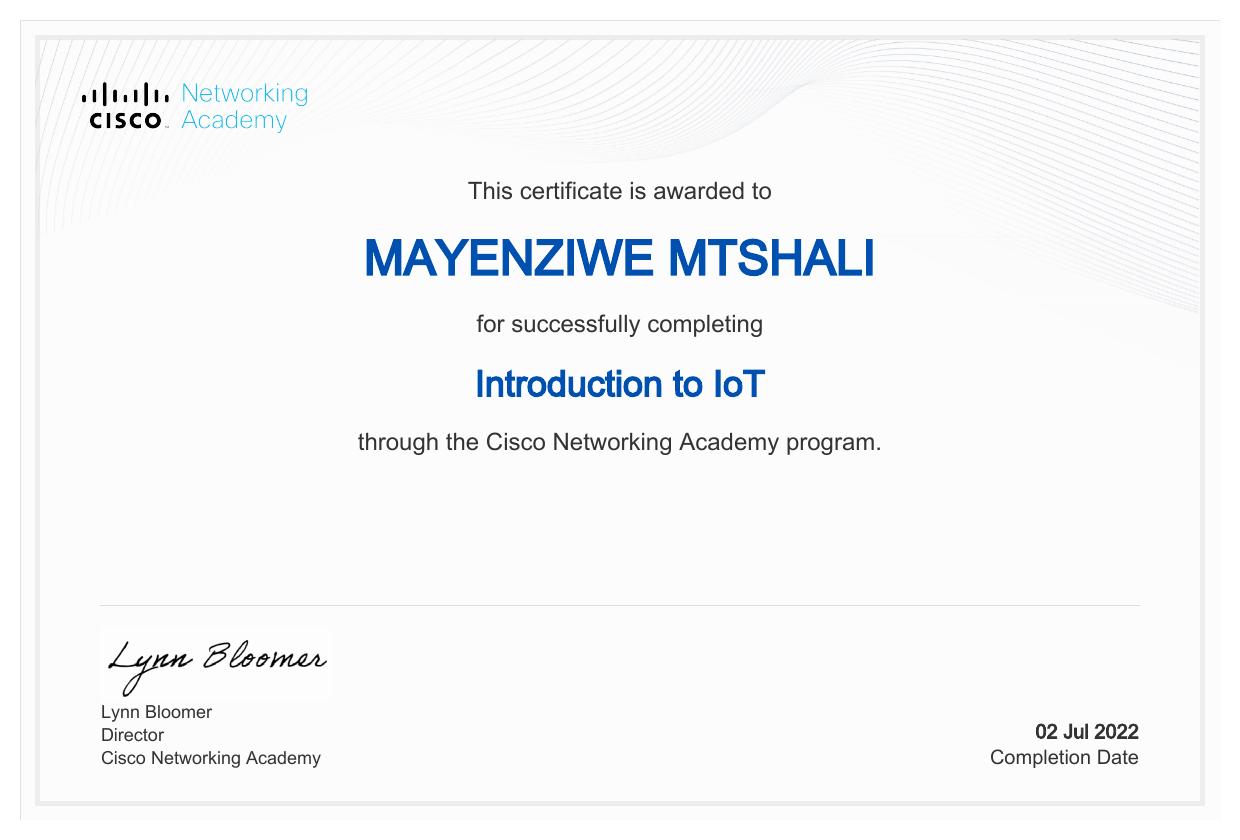 Introduction to IoT certificate awarded to Mayenziwe Mtshali