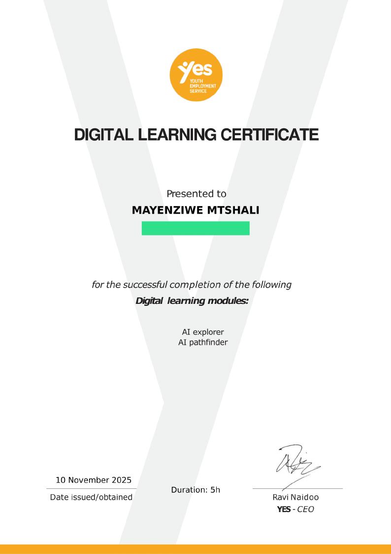AI Explorer & AI Pathfinder certificate awarded to Mayenziwe Mtshali