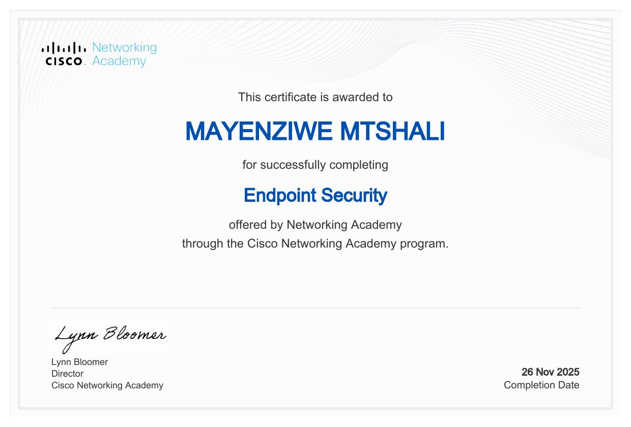 Endpoint Security certificate awarded to Mayenziwe Mtshali