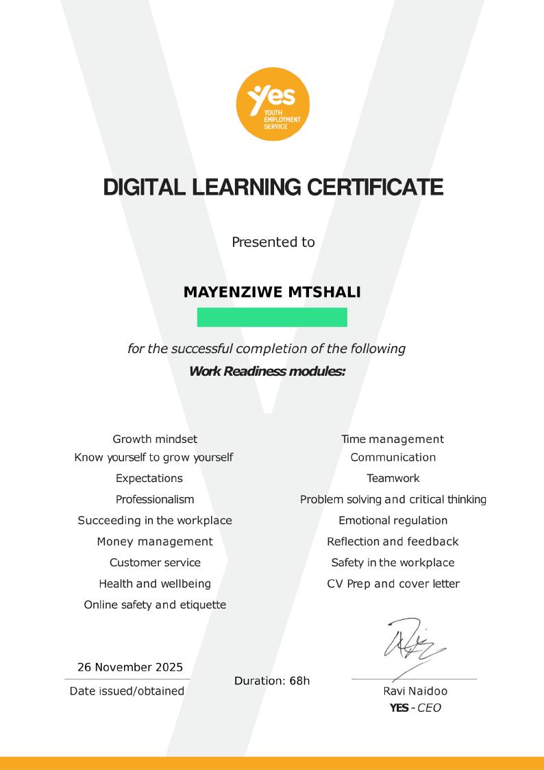 Work Readiness certificate awarded to Mayenziwe Mtshali