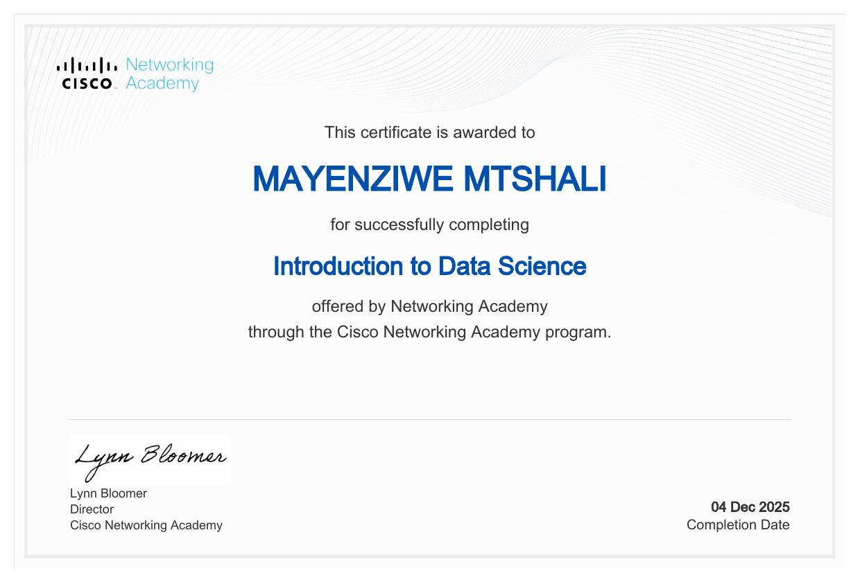 Introduction to Data Science certificate awarded to Mayenziwe Mtshali